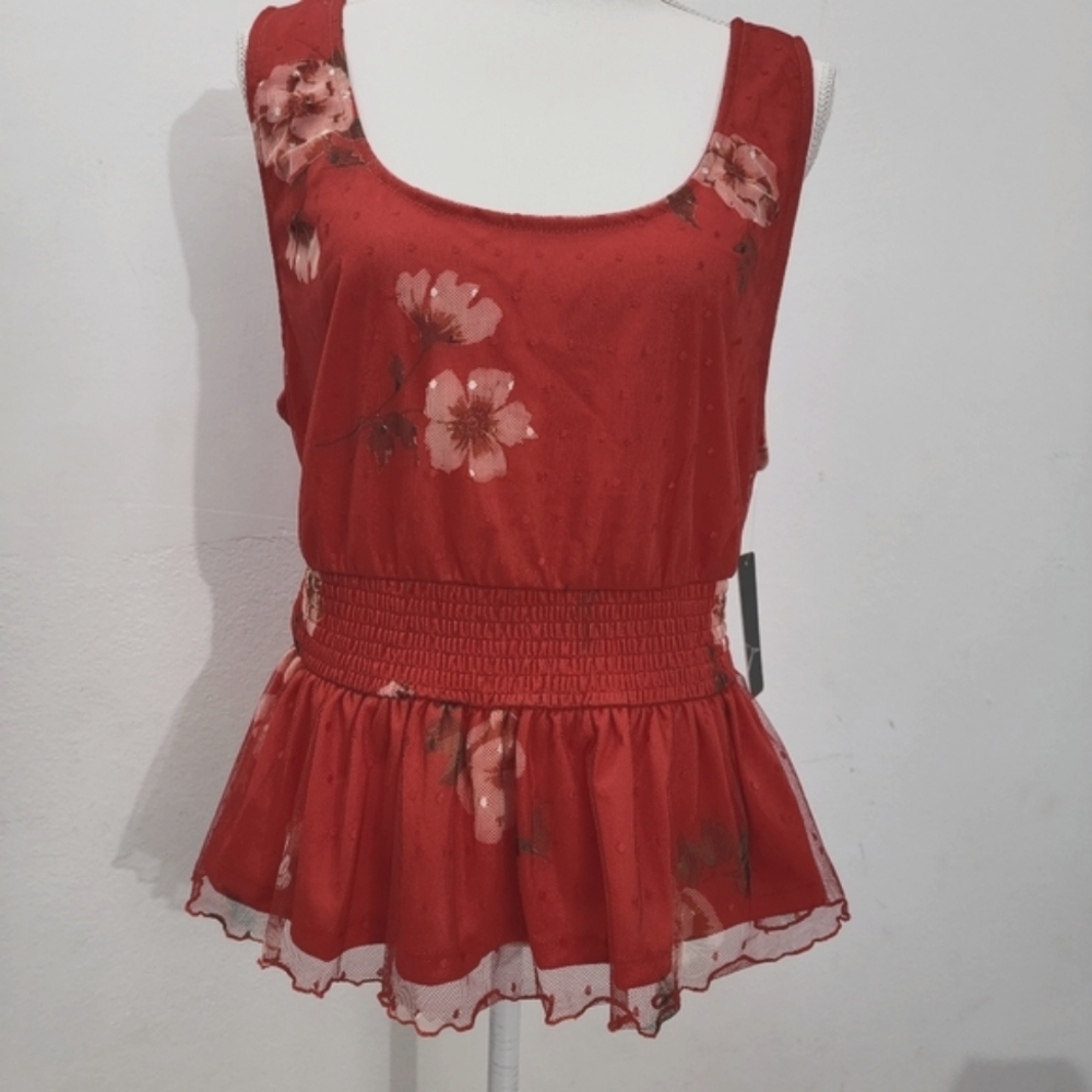 Willow Red Floral Mesh Peplum Sleeveless Blouse Smocked Waist Top Plus Size 2X